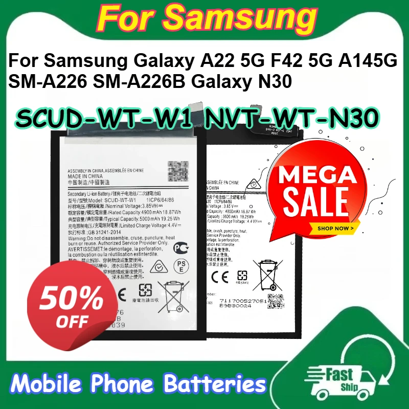 

SCUD-WT-W1 NVT-WT-N30 Mobile Phone Batteries for Samsung Galaxy A22 5G F42 5G A145G SM-A226 SM-A226B Galaxy N30 Free Tools