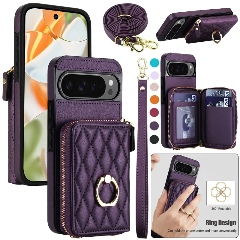 

Crossbody Leather Zipper Wallet Phone Case for Google Pixel 10 Pro XL Pro 9 9A Flip Ring Holder Cards Funda Cover Hoesje Coque