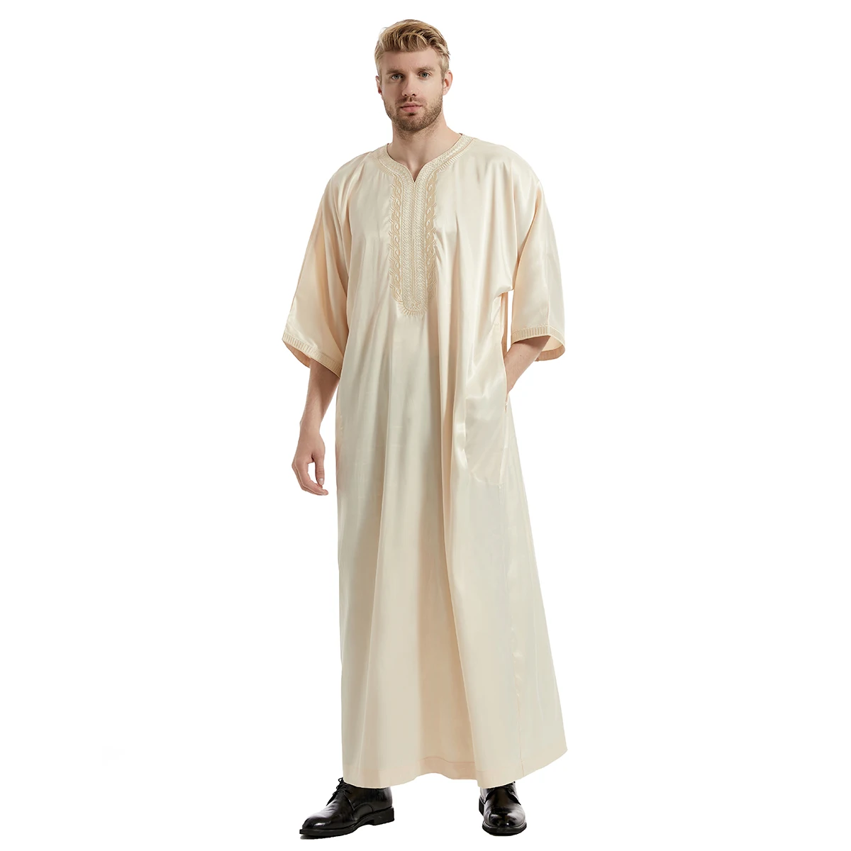 Vestido de media manga bordado para hombre, Abaya árabe, malayo, musulmán, blanco, Beige, negro, satinado, TH827