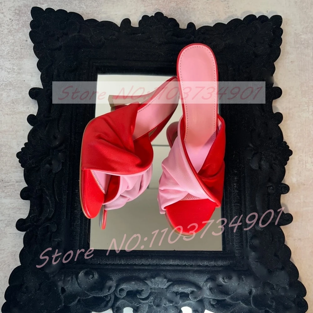 Turned-over Edge Colorblock Pleated Mules Women Red And Pink Two-Tone Open Toe High Heels Mule Sandals Lady Casual Party Shoes