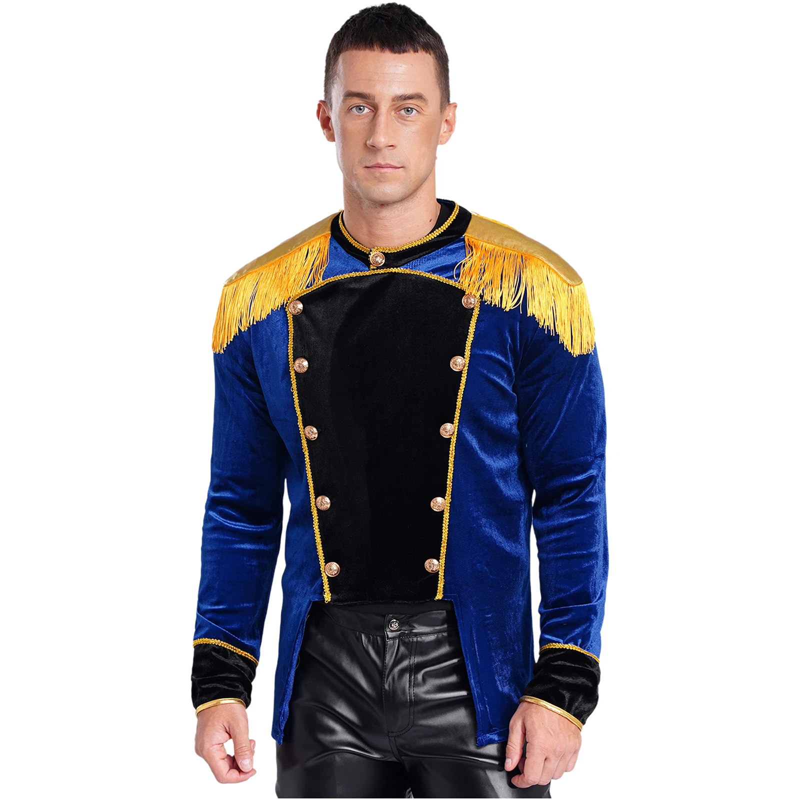 

Men Circus Ringmaster Costume Long Sleeve Golden Fringe Epaulet High Low Hem Jacket Coat Velvet Long Coat Carnival Performance