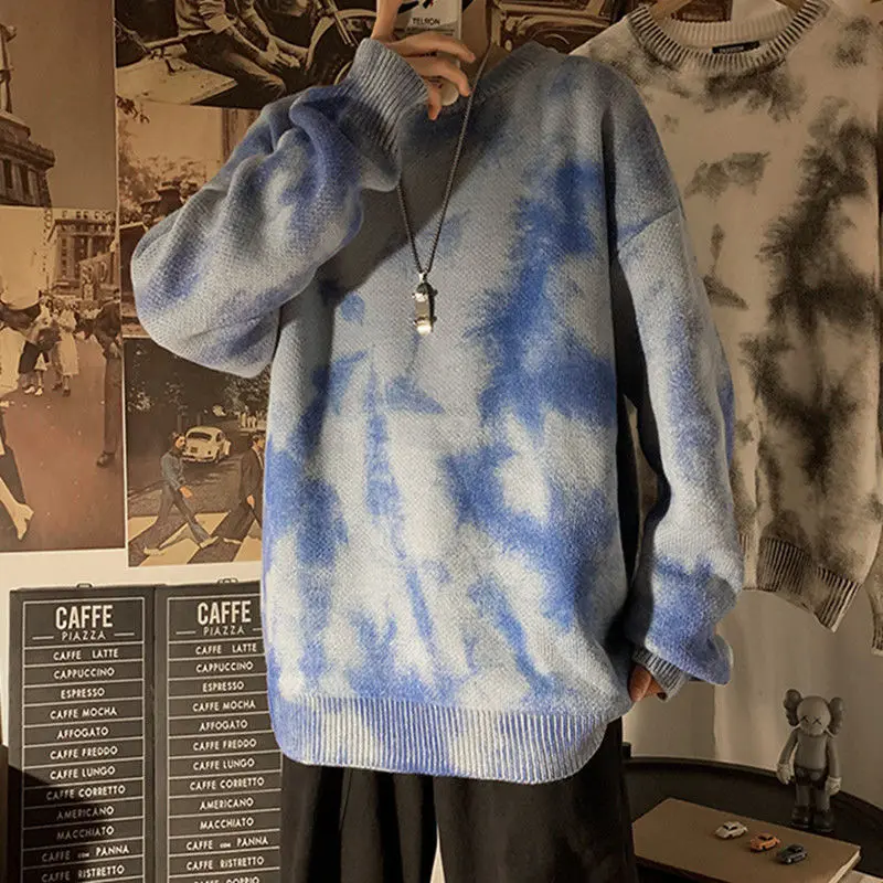 Tie Dye Chic Knitted Pullovers Autumn Winter Vintage O-Neck Men's Clothing Loose High Street Casual Spliced Long Sleeve Sweaters