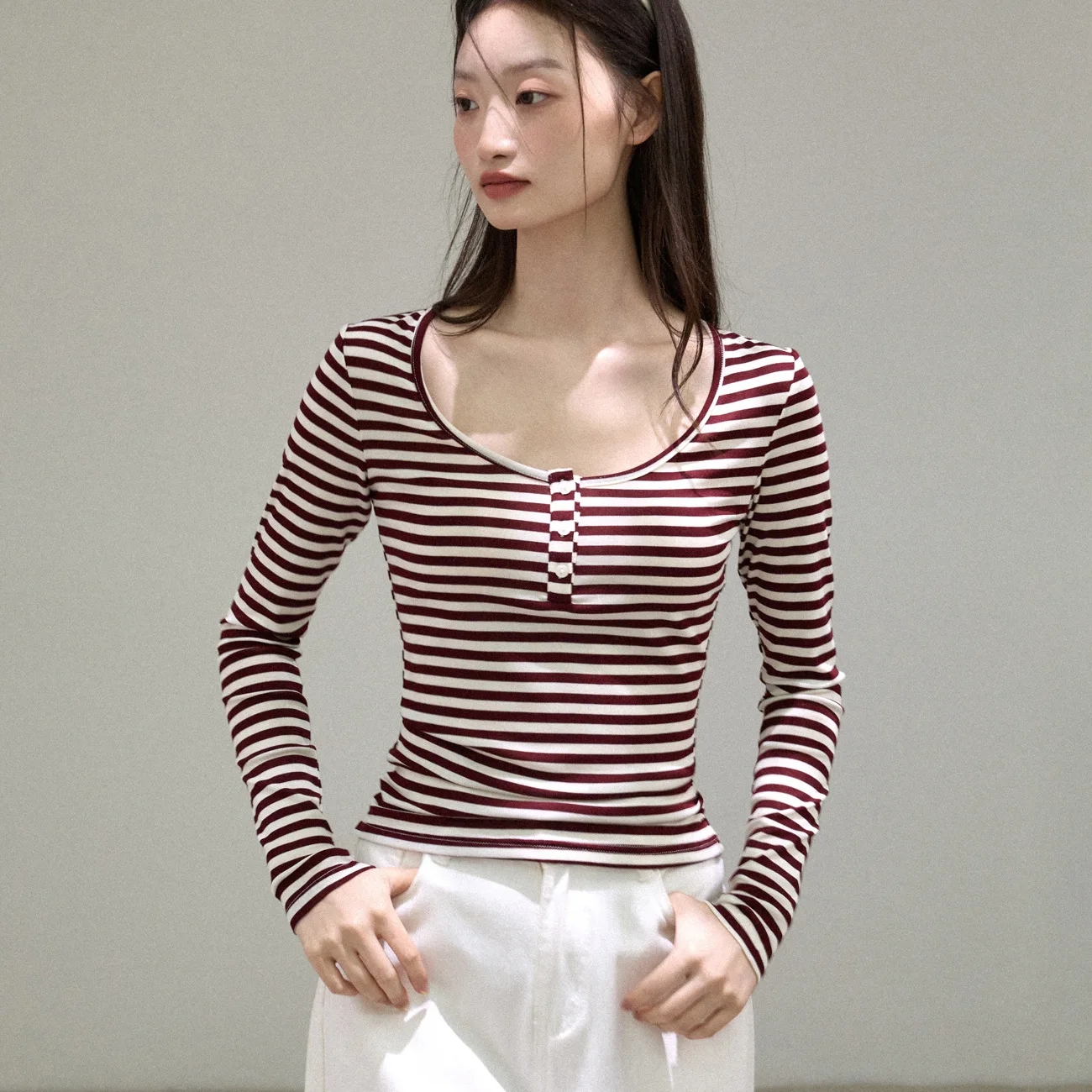 Women U Neck Striped Long Sleeve T Shirt Half Button Front Slim Fit Casual Autumn Layering Top Female Basic Tee