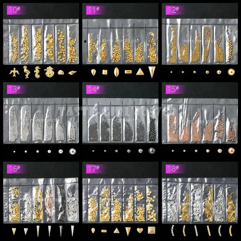 6 Shape/Pack Mix Shapes Gold Silver Black Various Metal Caviars Bars Frame 3D Studs Nail Art Alloy Decorations Manicure Gems