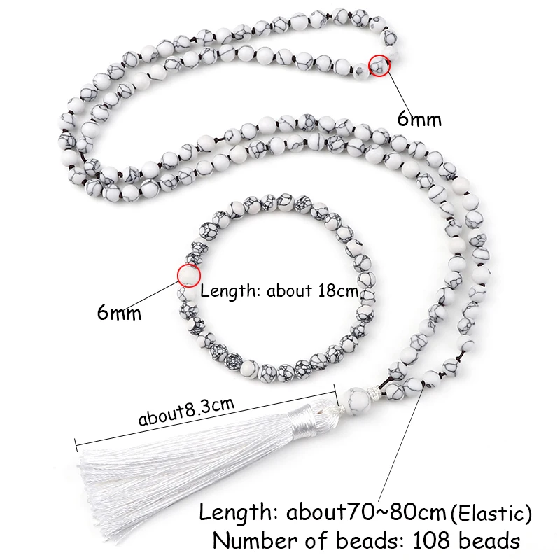 Classic Mala 108 Beads Knotted Necklace Women Men White Natural Stone Japamala Bracelet Long Tassel Rosary Necklace Jewelry Set