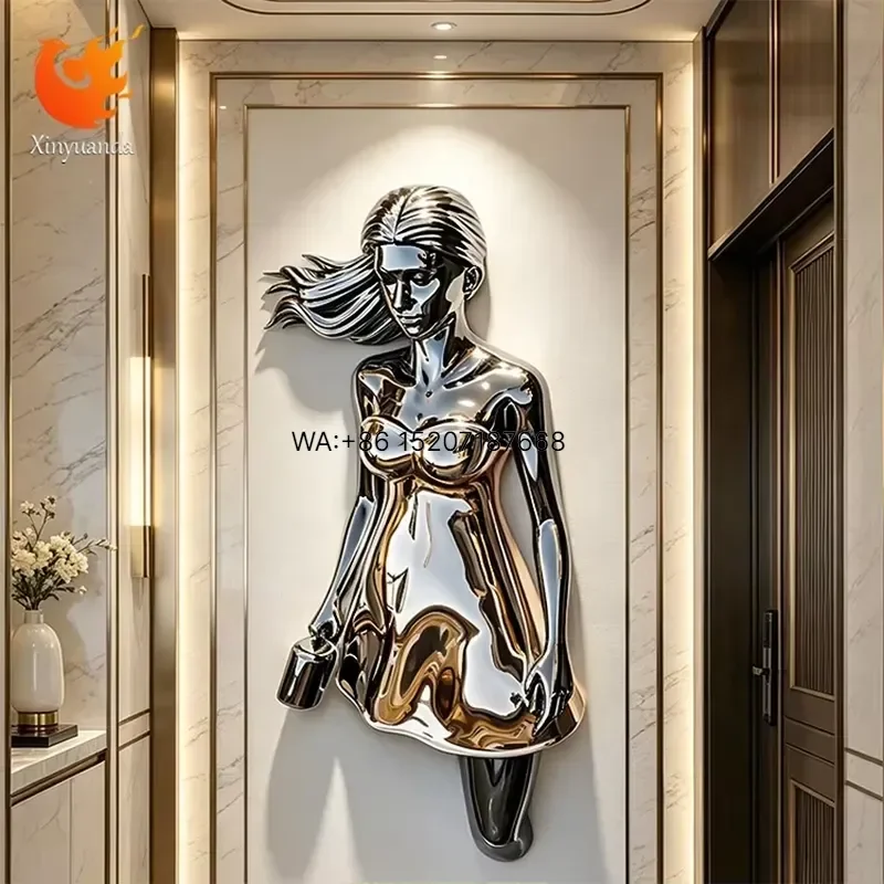 Wmwmnu Custom 3D Wall Fiberglass Sculpture Electroplated Chrome Modern Art Female Figure Statue for Luxury Hotel Lobby Indoor