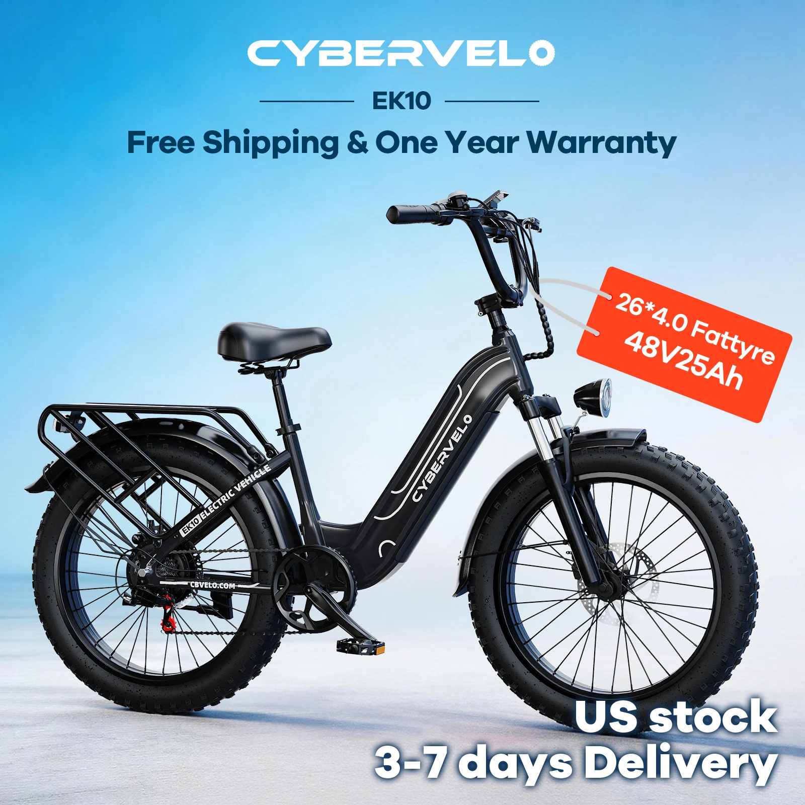 Cybervelo 26' 1000W Peak Fat Tire Electric Bike 48V 25Ah Removable Battery 7-Speed City Commute All-Terrain E-Bike for Adults EK10