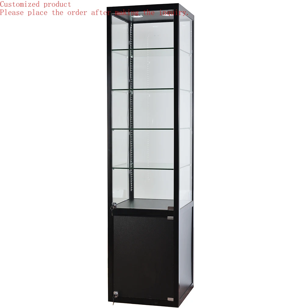 

Custom.Factory Made Black Aluminum Simple Strong Design Tower Glass Display Cabinet with Lock and Light