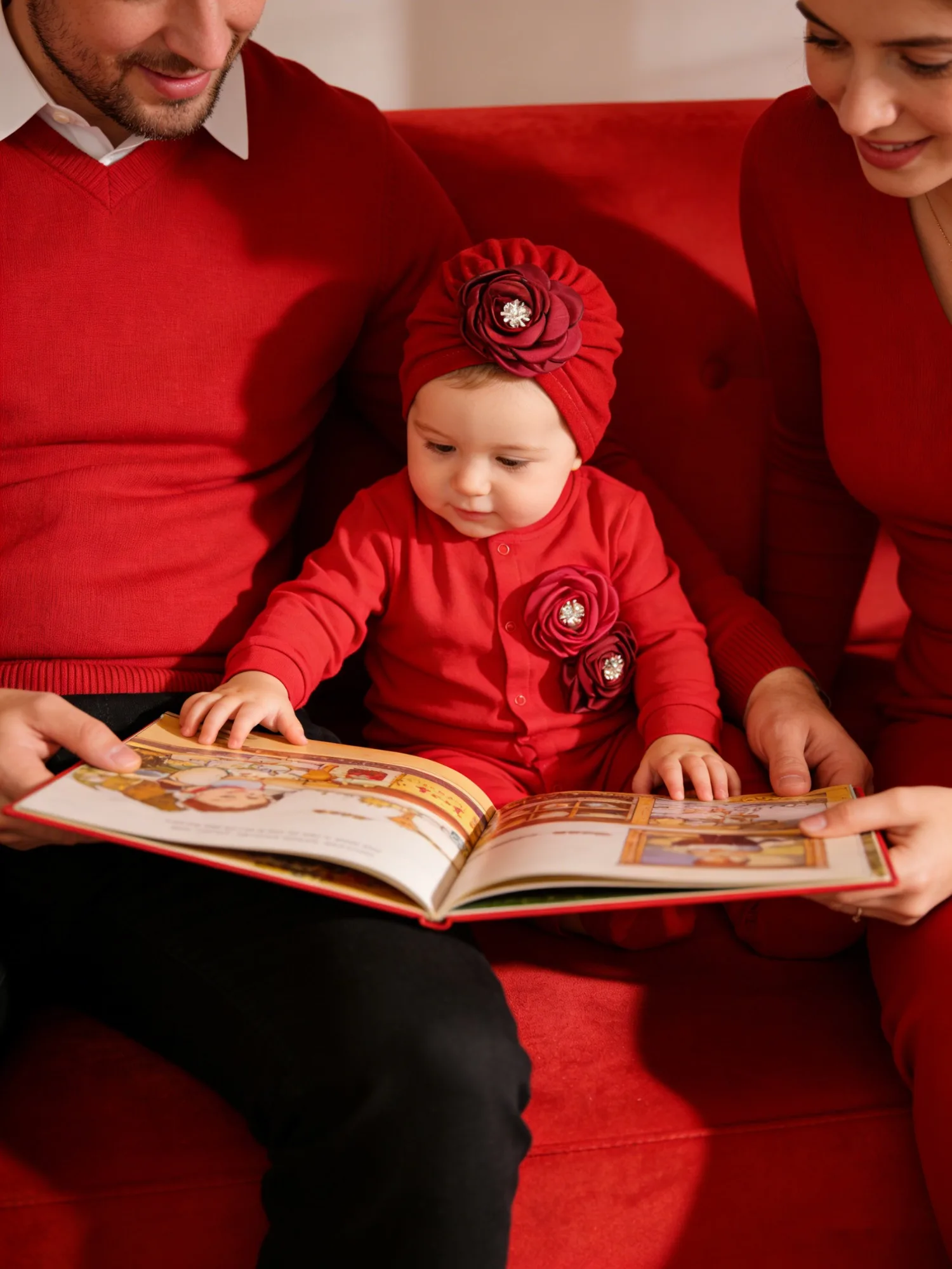 2025 Baby Girl Red Outfit Gift Set - Cotton Onesie Head Wrap with 3D Flower Rhinestone for Daily Wear