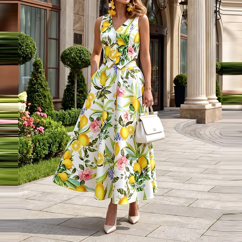 Fresh Summer Lemon Print Two Piece Sets Elegant V Neck Button Vest Top & Maxi Skirts Outfit Summer Sleeveless Loose Women's Suit