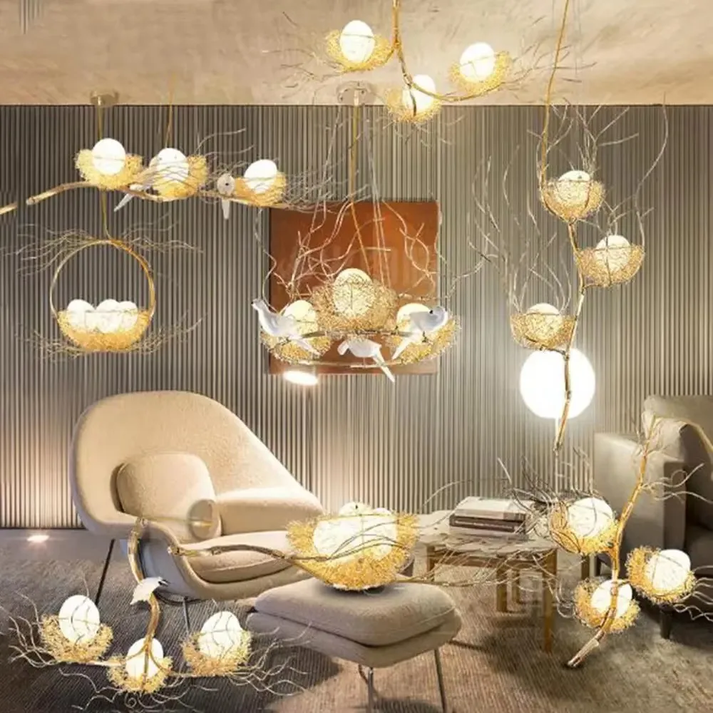 

Morden Bird Nest Kids Room LED Chandelier Rose Gold Color Round Ring Chandelier Indoor Home Ceiling Decor Oriental Lamp