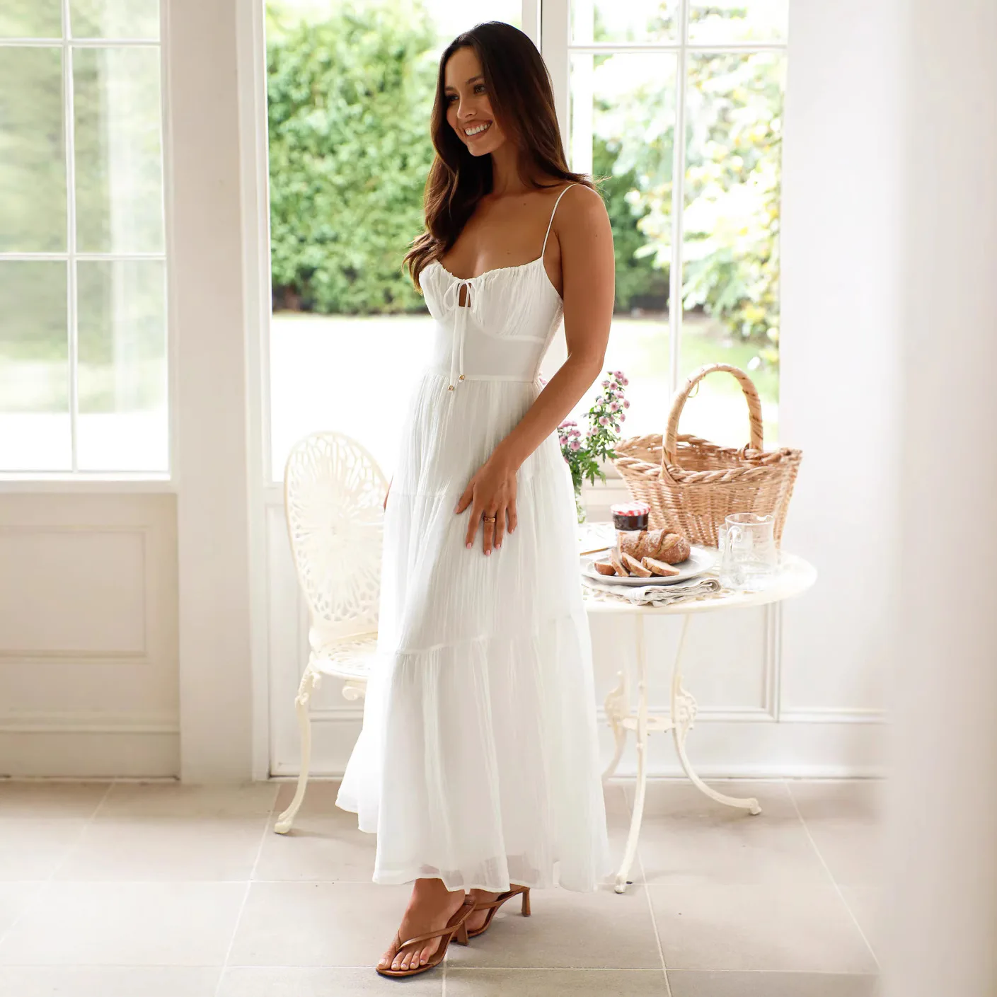 Women White Chiffon Strap Maxi Dress Vacation Sleeveless Ruffles Secy Beach Sea Elegant Long Sling  Dresses Abiti Senza Maniche