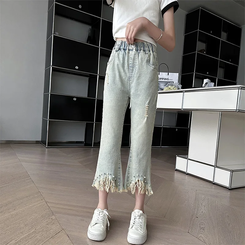 High Fashion Kids Girl Summer Bootcut Cropped Jeans with Pearl Tassels Teens Child Vintage Light Blue Ankle Flared Denim Pants