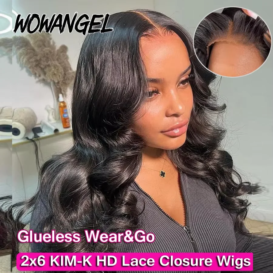 WOWANGEL 2x6 KIM K Closure Deep Parting HD Lace Closure Perücken, sofort tragbar, kleberlose Perücken, Body Wave Perücken, 250% Hautschmelz-Optik für Frauen