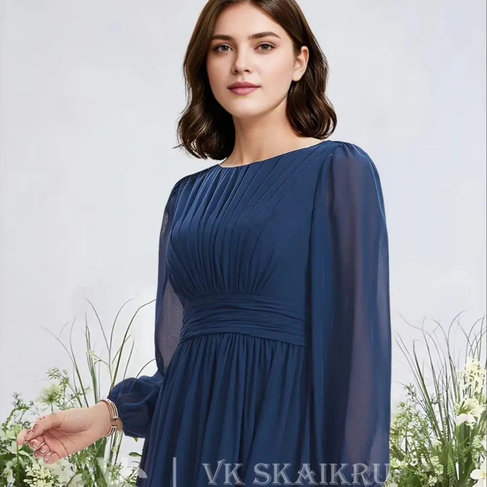 WWA Women Blue A-Line Bridesmaid Dress Frosted Lilac Scoop Floor-Length Chiffon Garden Gala Wedding Party Gown Cascading Ruffles