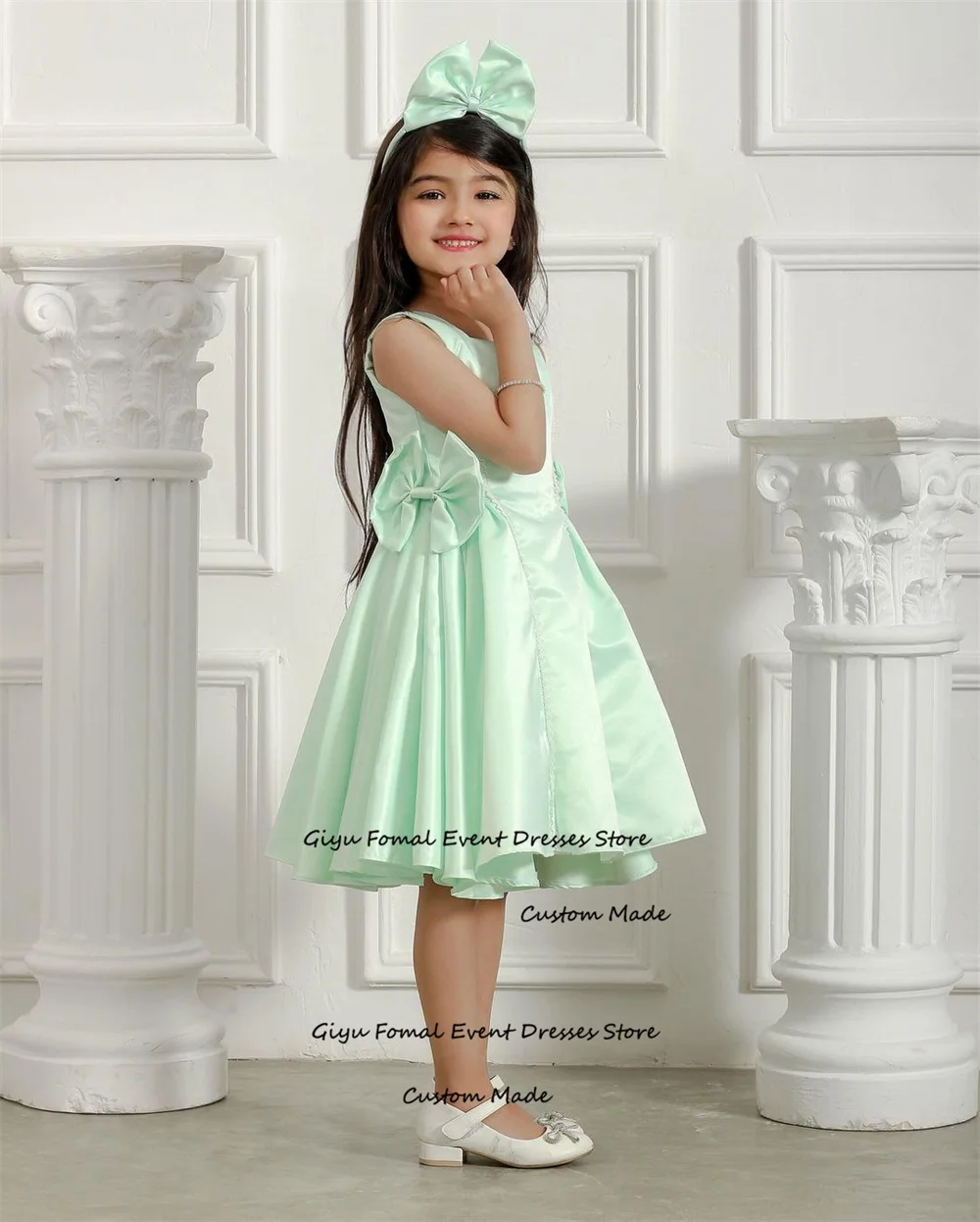 Giyu Fairy-vestido de Boda Verde para niños, traje drapeado con cuello cuadrado y lazo, Formal, para cumpleaños, niña de las flores