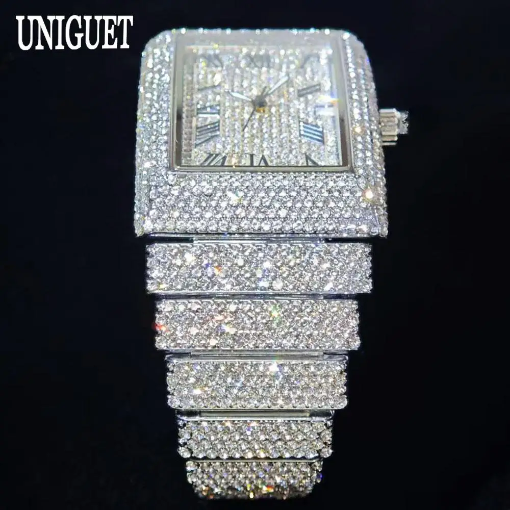 Luxury Iced Watch Men Brand UNIGUET Fashion Rectangle Watch Male Hip Hop Full Diamond Bling Jewelry Wristwatch Man Dropshipping