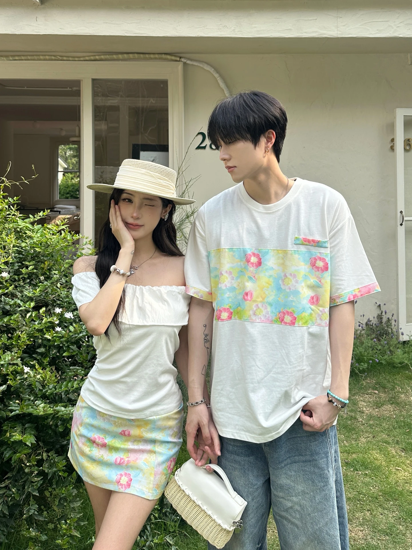 Couples Summer Short Sleeve T-Shirt Women's One Shoulder Slim Fit Men's Printed Casual Wear Breathable Floral Skirt Set