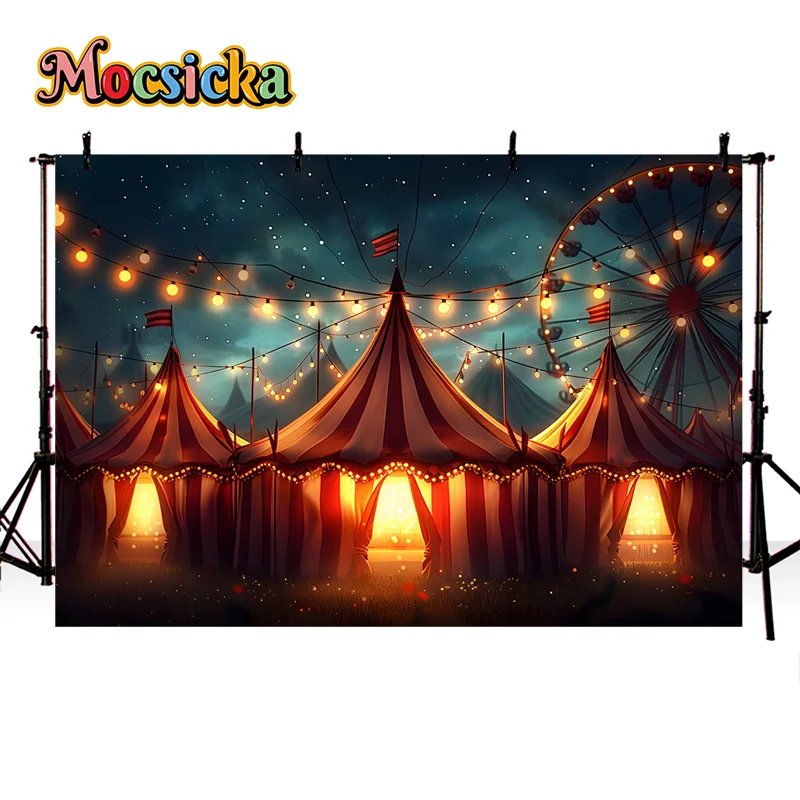 Mocsicka Photography Backdrop Happy Birthday Amusement Park Party Tent Lights Background Cake Smash Portrait Banner Photo Studio