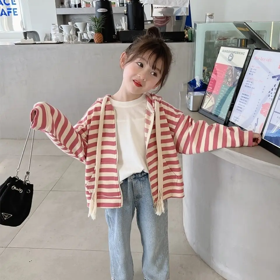 Girls Hooded Jacket Spring Stylish New Kids Baby Striped Top Spring Fall Trendy Cardigan