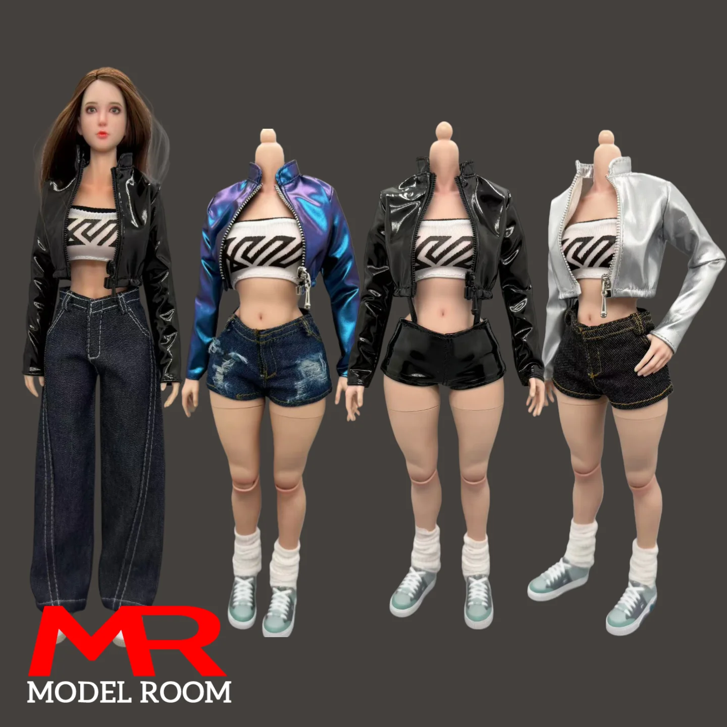 Jaqueta curta feminina de imitação de couro, escala 1/6, macacão, shorts jeans, modelo de roupas, figura de ação de soldado de 12 '', bonecas corporais