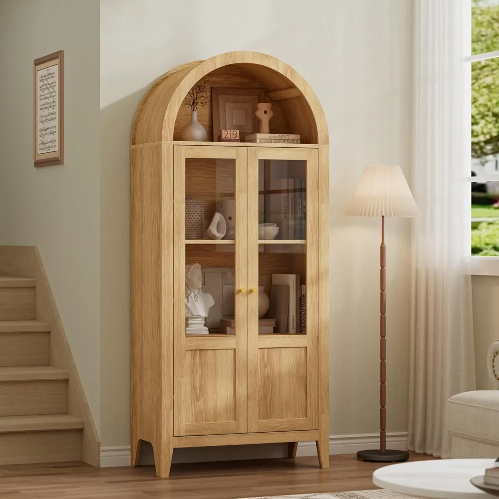 خزانة مخزن المطبخ، أبواب زجاجية، أرفف تخزين خشبية مقوسة، رف كتب طويل القامة لتنظيم المطبخ #6