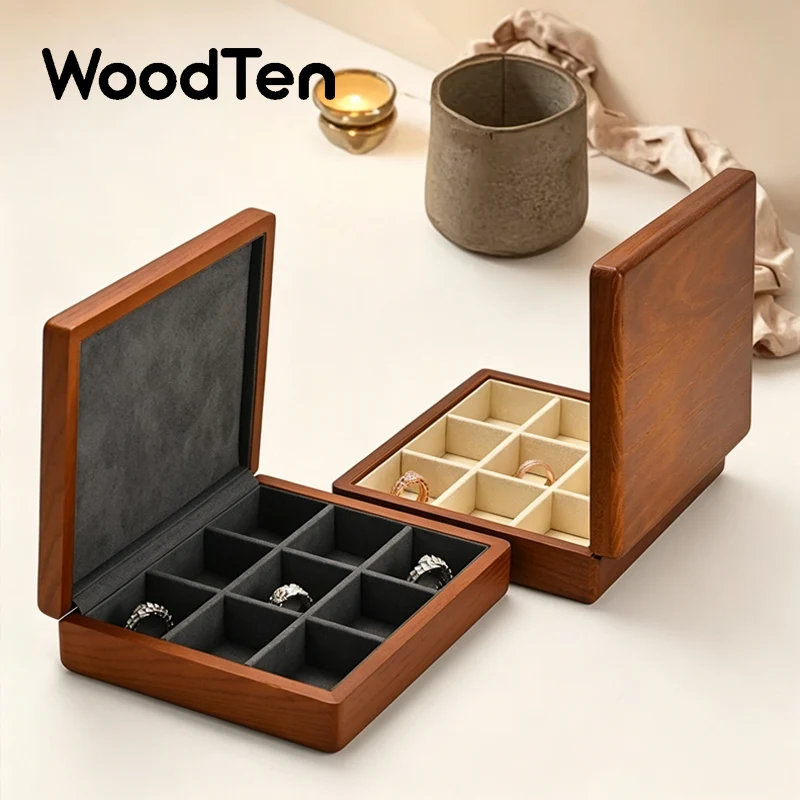 Boîte de rangement pour bijoux en bois massif WoodTen avec couvercle, organisateur pour bagues, colliers, bracelets, présentoir de rangement pour bijoux