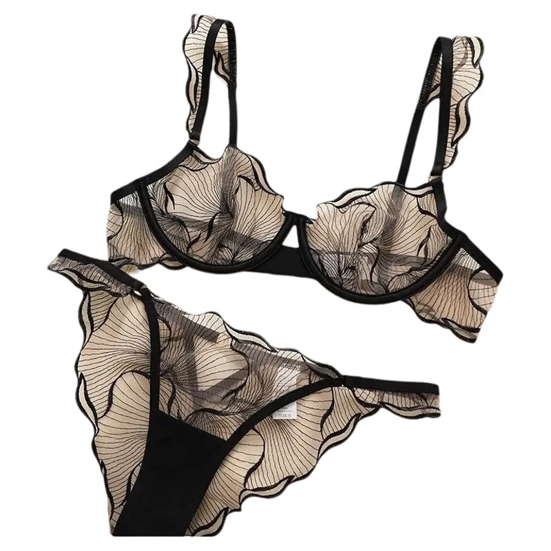 

Sexy Hollow Lingerie Set French Ultra Thin Women Bra Summer Breathable Black Lace Adjustable Underwear Push Up Underwear