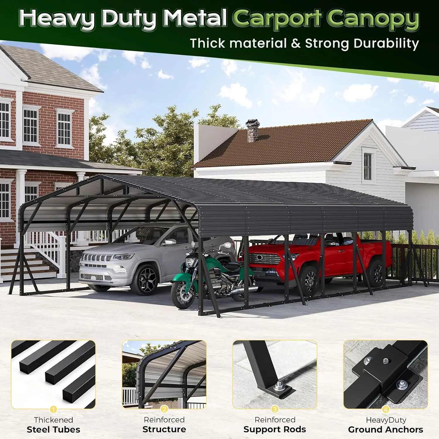 Jocoevol 20x30FT Heavy Duty Metal Carport, Outdoor Portable Car Garage w/Reinforced Support Rods & Windproof Ground Anchors, All