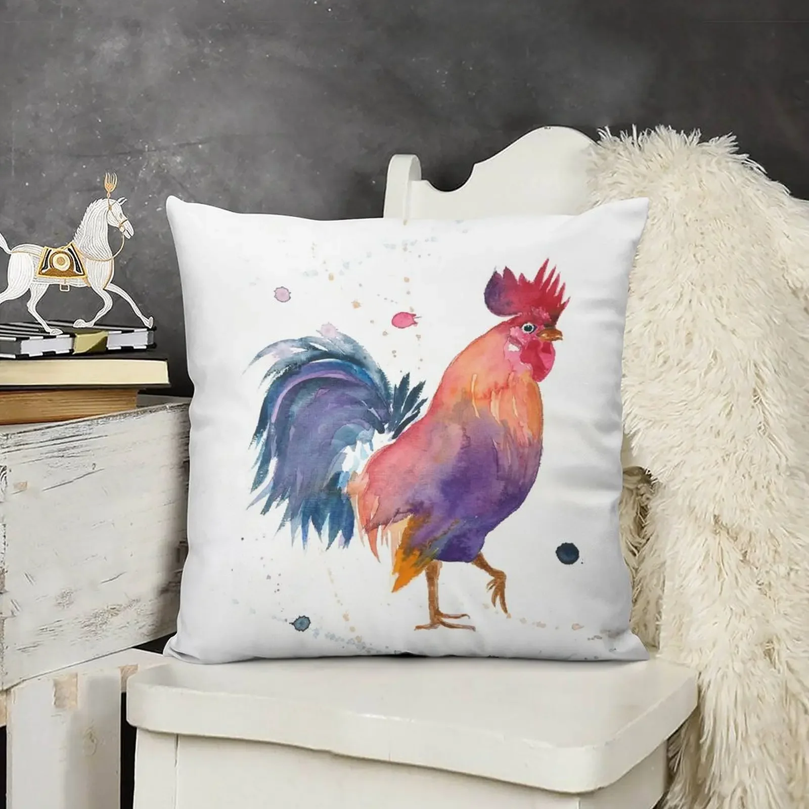 

Rusty - Watercolour Rooster Throw Pillow Christmas Pillow Covers Plaid Sofa pillow