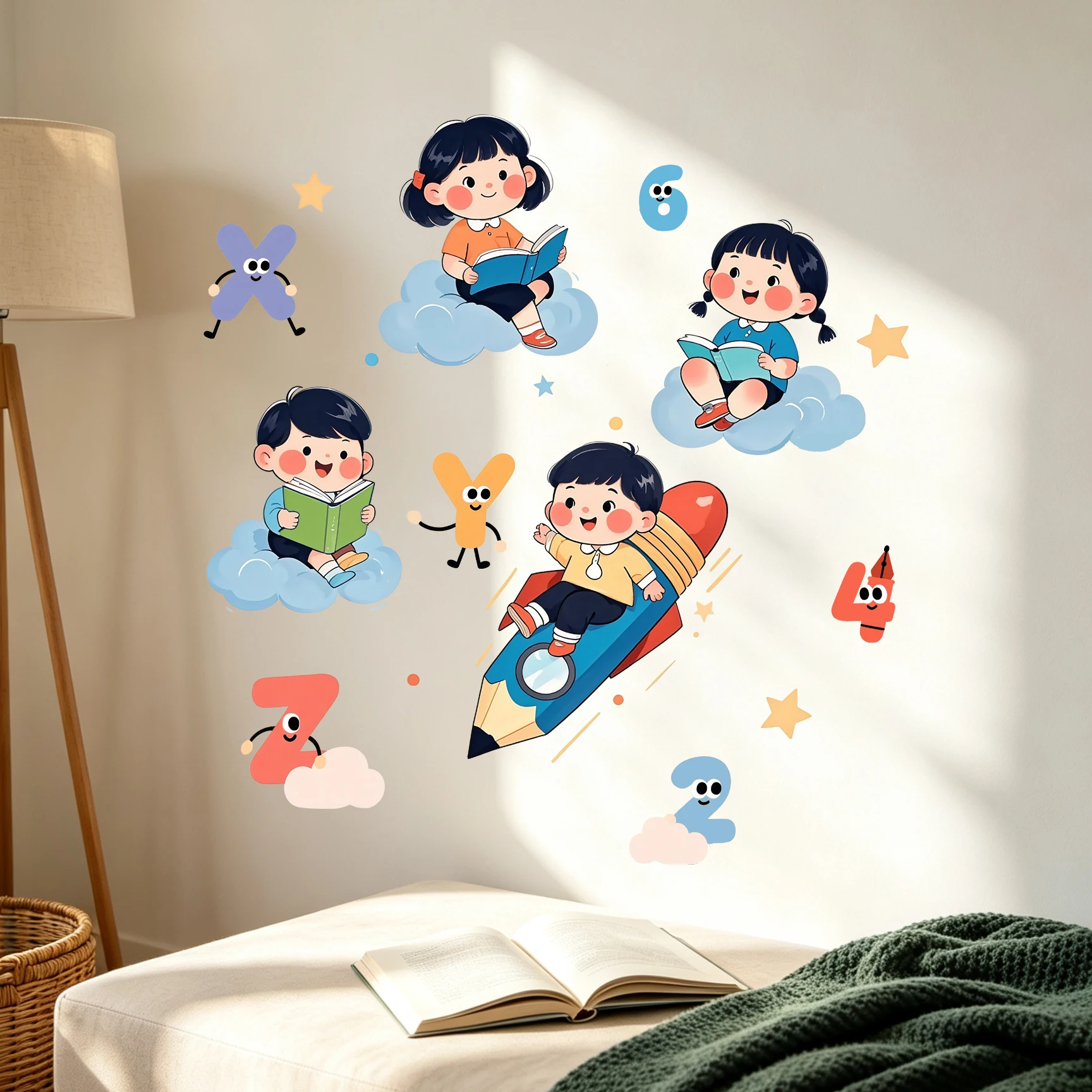 Kids Reading On Cloud Wall Stickers Cute Children Pencil Rocket Alphabet Number Star Wall Decals Removable Nursery Classroom Dec