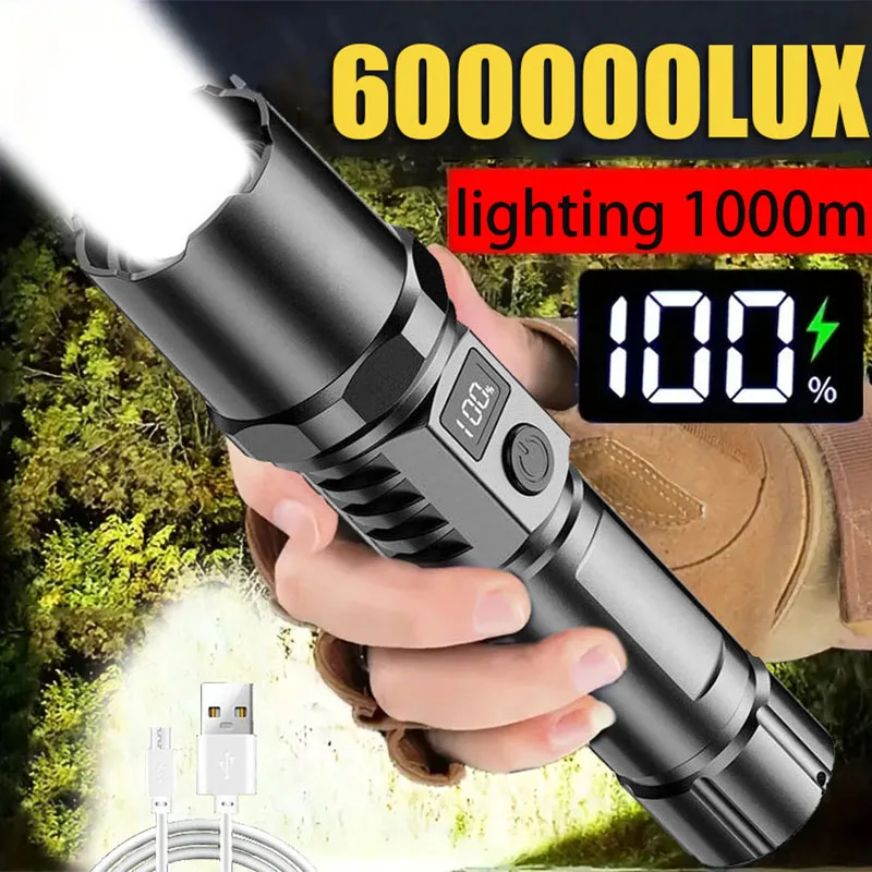 

High Strong Power Led Flashlight Tactical Telescopic Torch Light Zoom Built-in Battery USB Rechargeable Lamp