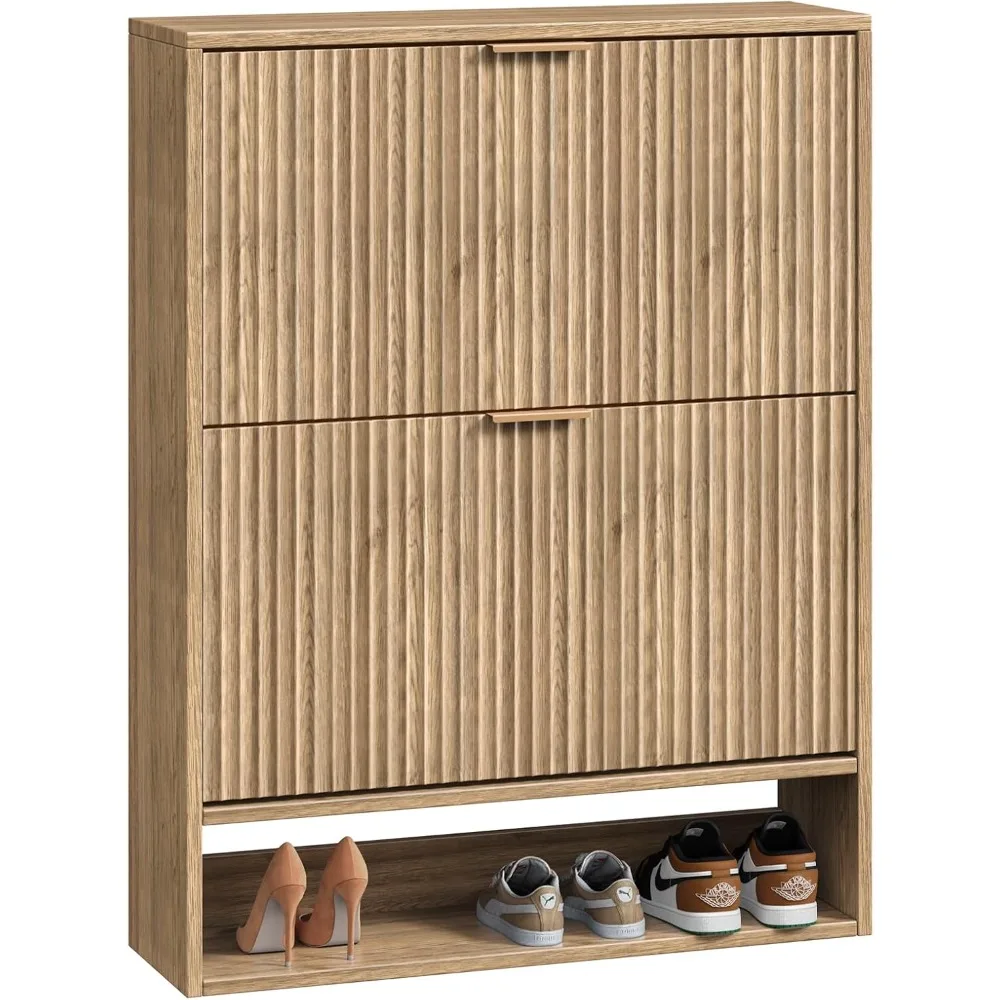 

31.5''W Shoe Cabinet Storage for Entryway, Narrow Hidden Shoe Storage with 2 Flip Drawers, Wooden Fluted Shoe Rack for Foyer, Ha