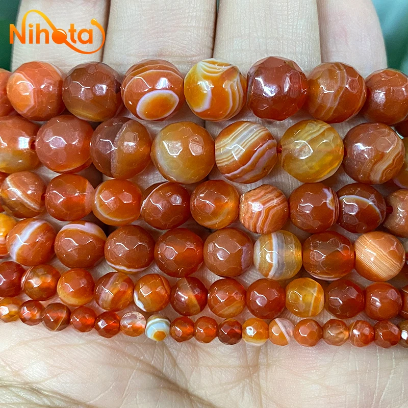 Natuurlijke Rood Gestreepte Agaten Onyx Kralen Gefacetteerde Ronde Losse Kralen 4/6/8/10/12Mm Diy Armband Oorbellen Sieraden Maken 15 ''Streng