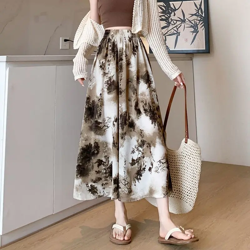 2024 Summer New Ice Silk Chiffon Culottes Women's High Waist Pants Women's Loosen Pants Women's Casual Pants