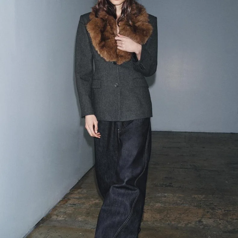 New Autumn Winter Women's Suit Jaet Collared Artificial Fur Long Sve Warm Commute Polyester Fiber Faion Sle