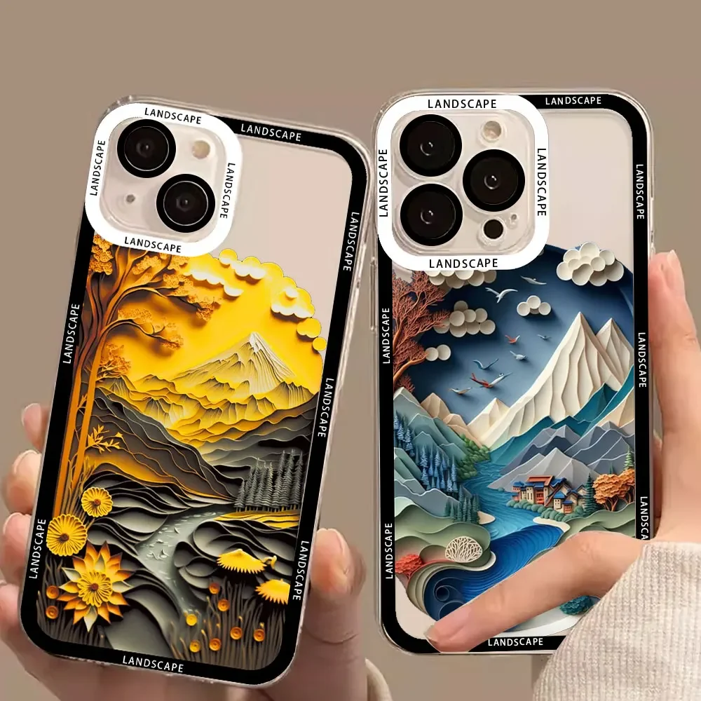 Landscape Clear Phone Case for IPhone XS X XR 7 8Plus SE2 14 11 12 13 15 Pro Max Mini Creative Mountains Rivers Soft Cover Shell