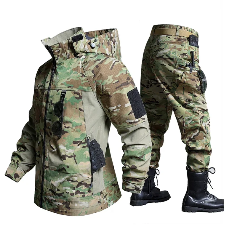 Spring Autumn Men's Tactical Softshell Sets Outdoor Men Multi-Pocket Jackets Cargo Pants Men Waterproof Windproof Hiking Sets