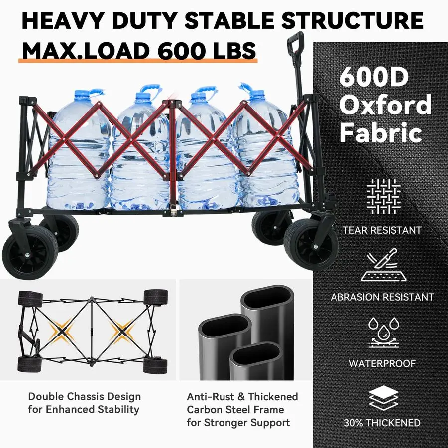 

300L Large Capacity Collapsible Wagon Heavy Duty, Garden Wagons Carts Foldable with Brakes, Side Pockets amp AllTerrain Big Whee