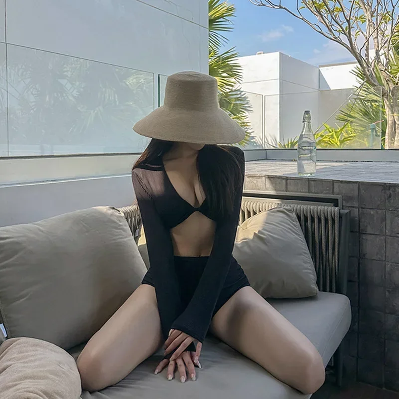 2025 New Women's One-Piece Long Sleeve Bikini Sensation High-End Black Slimming Tummy Covering Small Chest with Chest Pad Hot Sp