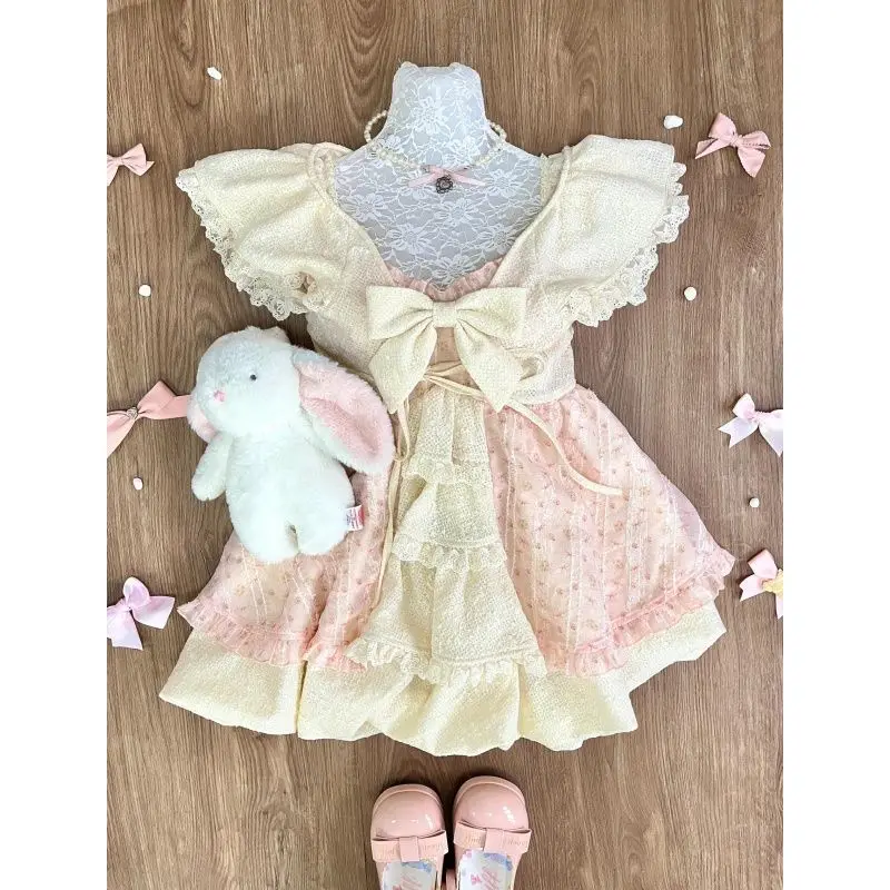 Doce lolita arco vestido de renda feminino manga puff plissado saia em camadas estilo princesa vintage cottagecore fairycore kawaii outfits