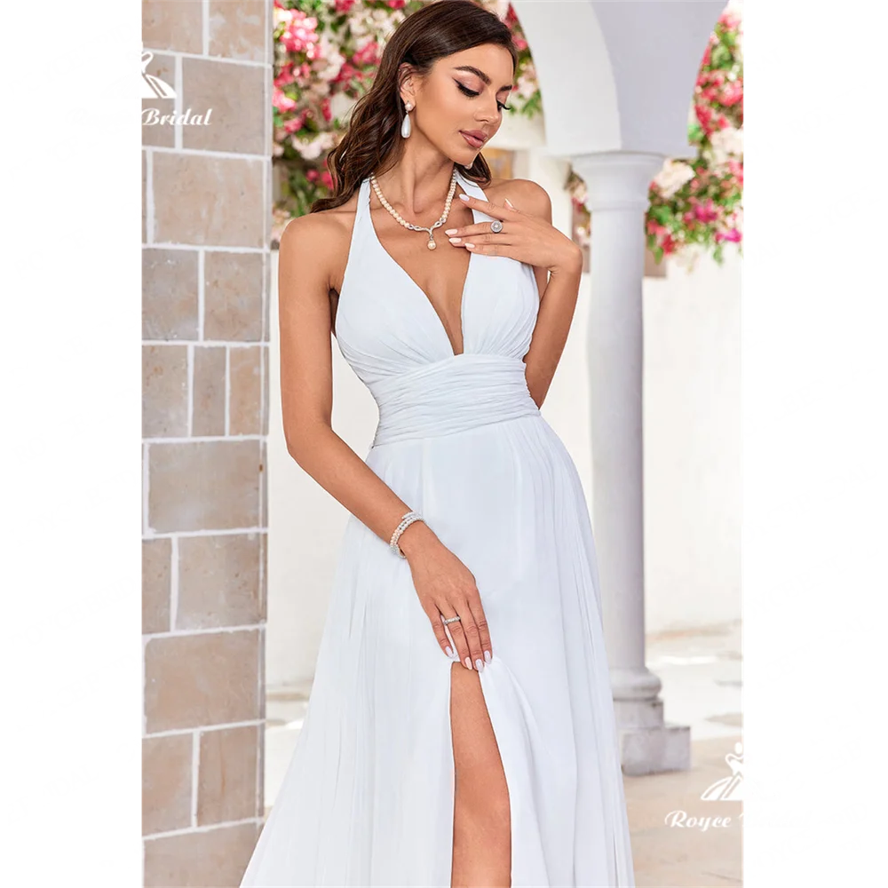 Roycebridal Halter A Line abito da sposa 2025 spacco laterale Chiffon corte treno abito da sposa vestidos de noviarobe de muslimpar