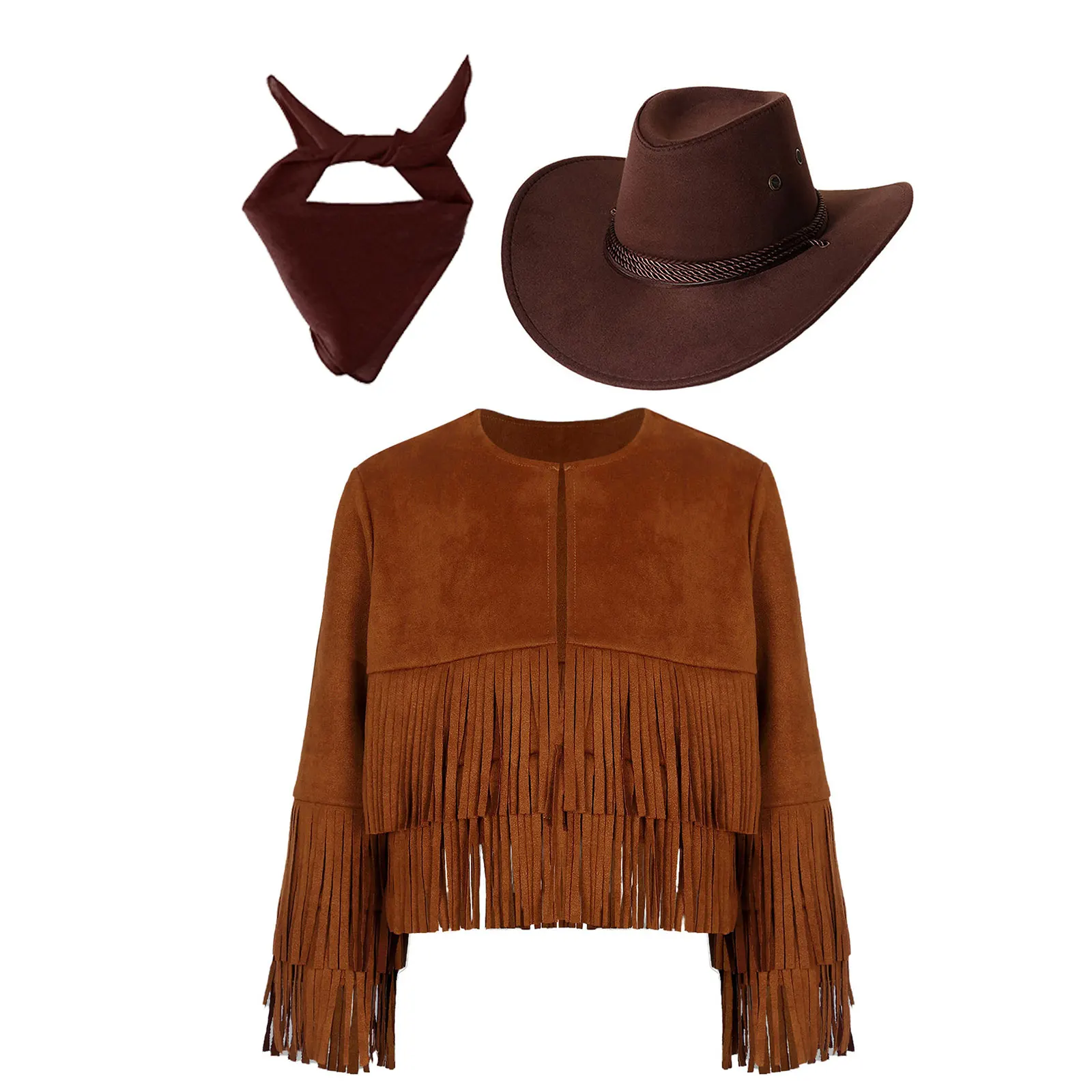 Unisex Kids Western Cowboy Costume Open Front Cowboy Suede Vest Tassels Fringe Waistcoat And Hat Bandanna Set Halloween Dress Up view 5