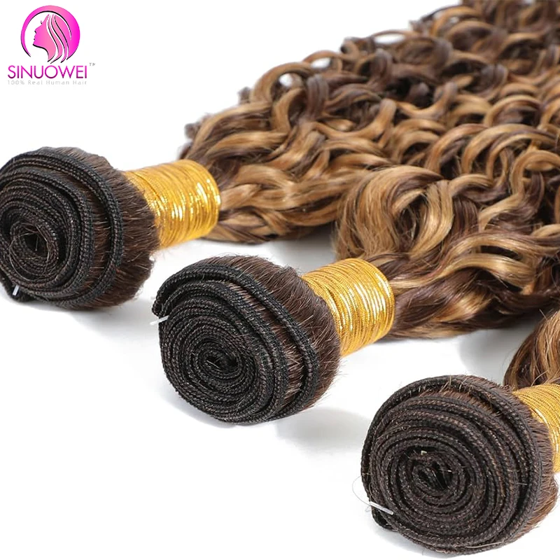 Brazilian Water Wave Cabelo Humano Pacotes, Highlight Weave, Double Weft, Honey Blonde, 10A, P4 27