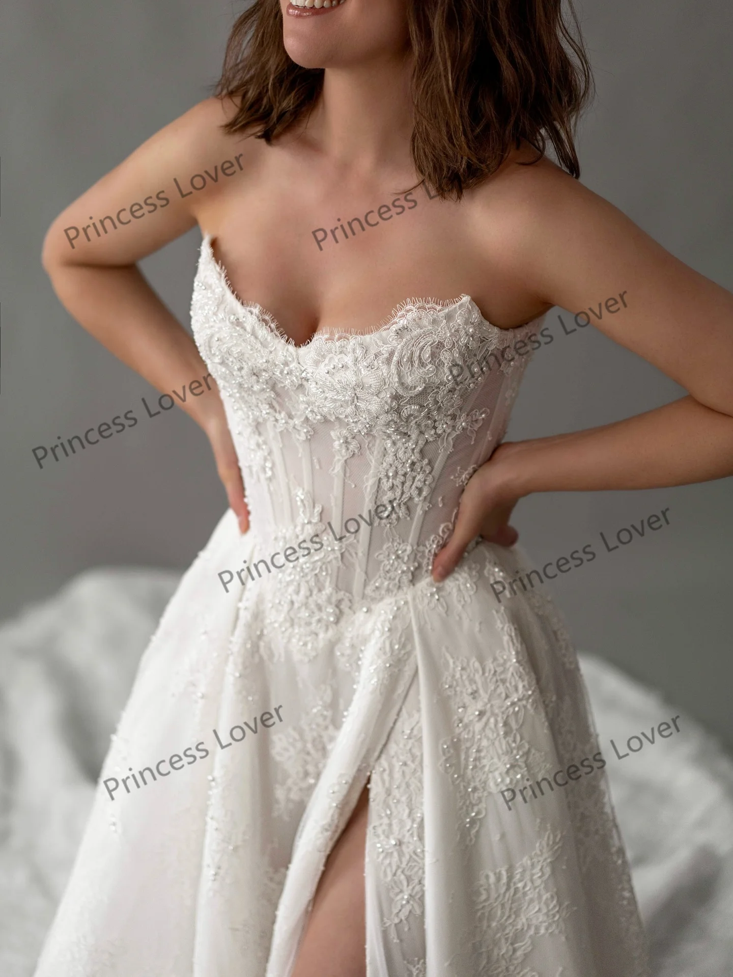 Boho Spitze Brautkleider Illusion Korsett Vestido de Novia Hohe Schlitz Hochzeit Party Kleid Elegante Vestidos Angepasst