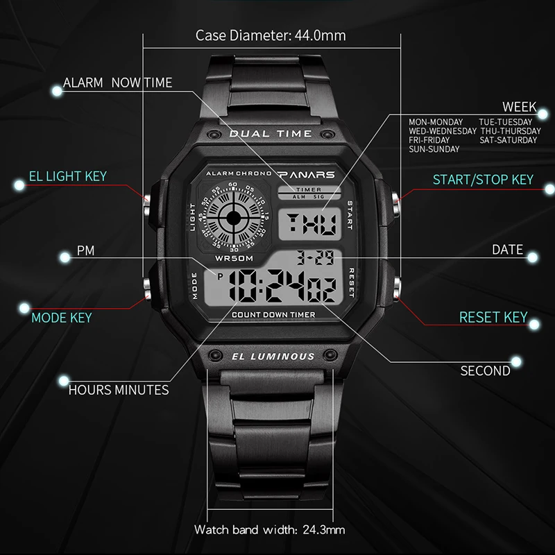 SYNOKE-reloj Digital con correa de Metal para hombre, cronógrafo electrónico, resistente al agua, deportivo, Masculino