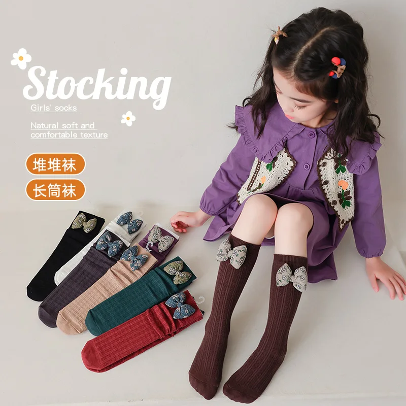 Sweet Little Girls Mid Calf Socks Retro Pastoral Style Floral Print 3D Giant Bowknot Cable Twist Knit Texture Soft Elastic Socks