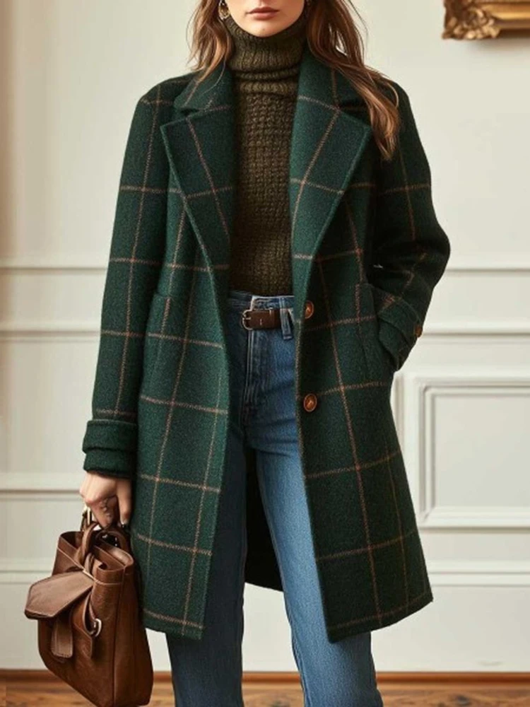 

Retro Plaid Women's Turn Down Collar Blazer Jacket New Trend Oversized Long Jacket Coat Autumn Winter Streetwear Lady Overcoat