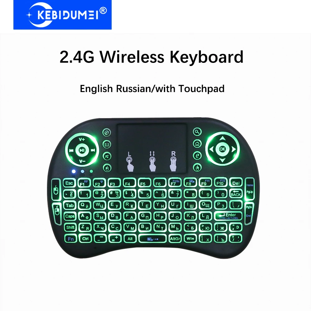 Teclado Táctil KEBIDUMEI com Retroiluminação RGB, Teclado Sem Fio 2.4G, Mouse Aéreo Sem Fio, Teclado Mini em Inglês e Russo para Laptop
