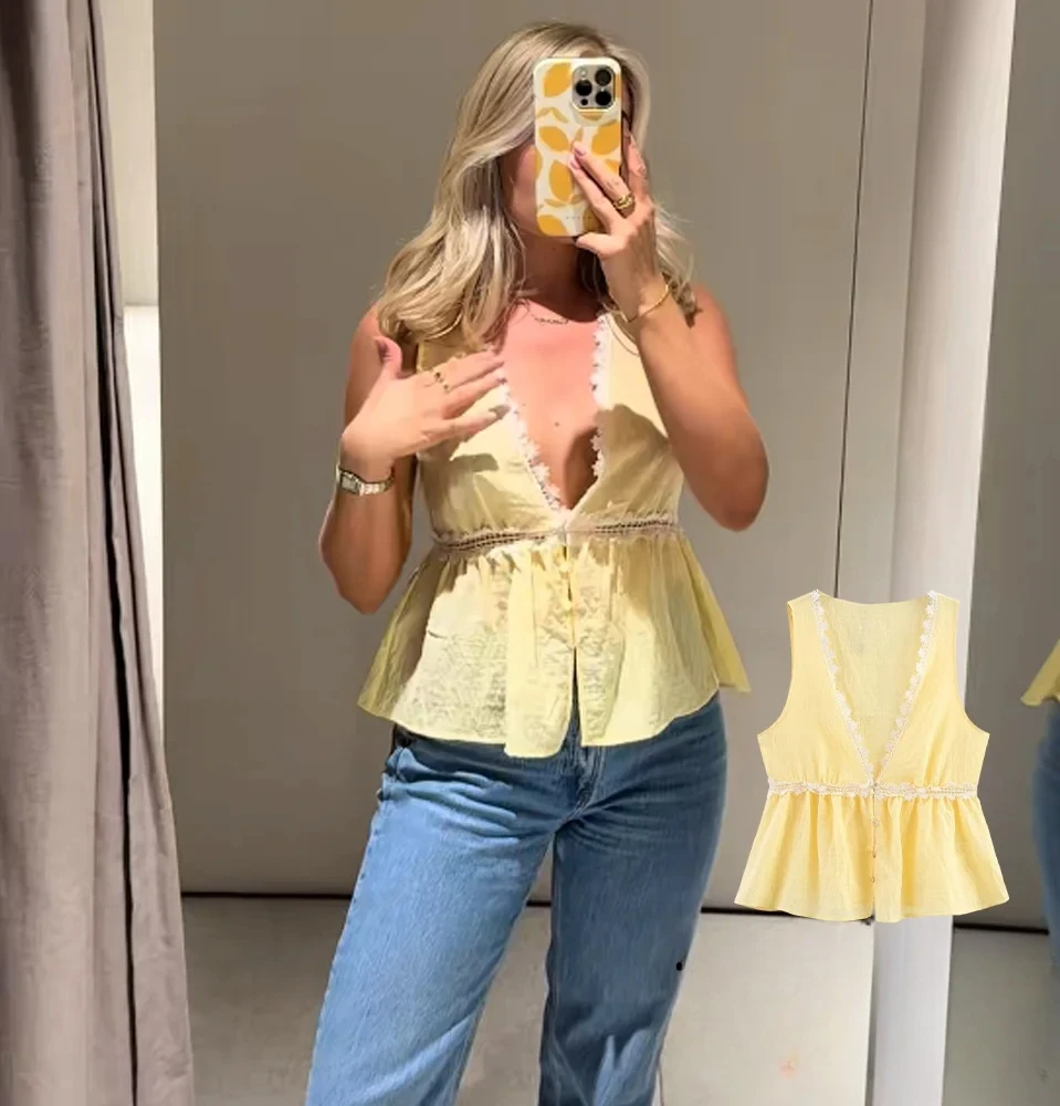 

KONDALA милый шикарный топ на бретелях с кружевной отделкой, женский желтый жилет с v-образным вырезом и рюшами, модный летний жилет для пикника и свиданий 2025, пляжный жилет